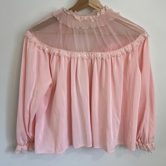 Vintage 80s Creation Model Intimates Cropped Sheer Pink Baby Doll Top Bow Pale - Picture 12 of 13